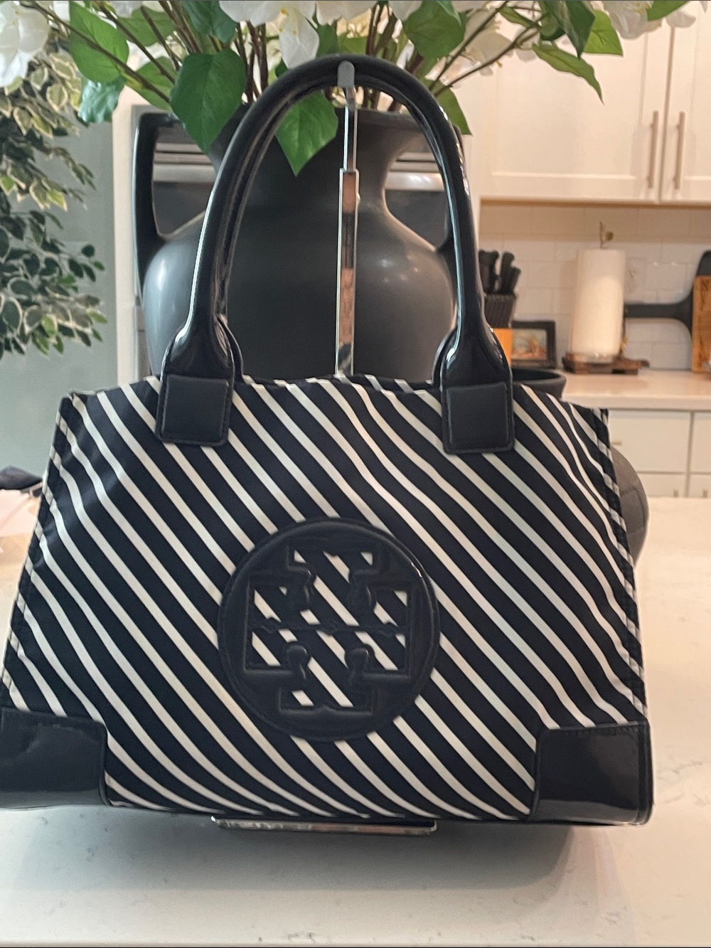 Tory Burch Navy Patent Leather and Striped White Elle Tote